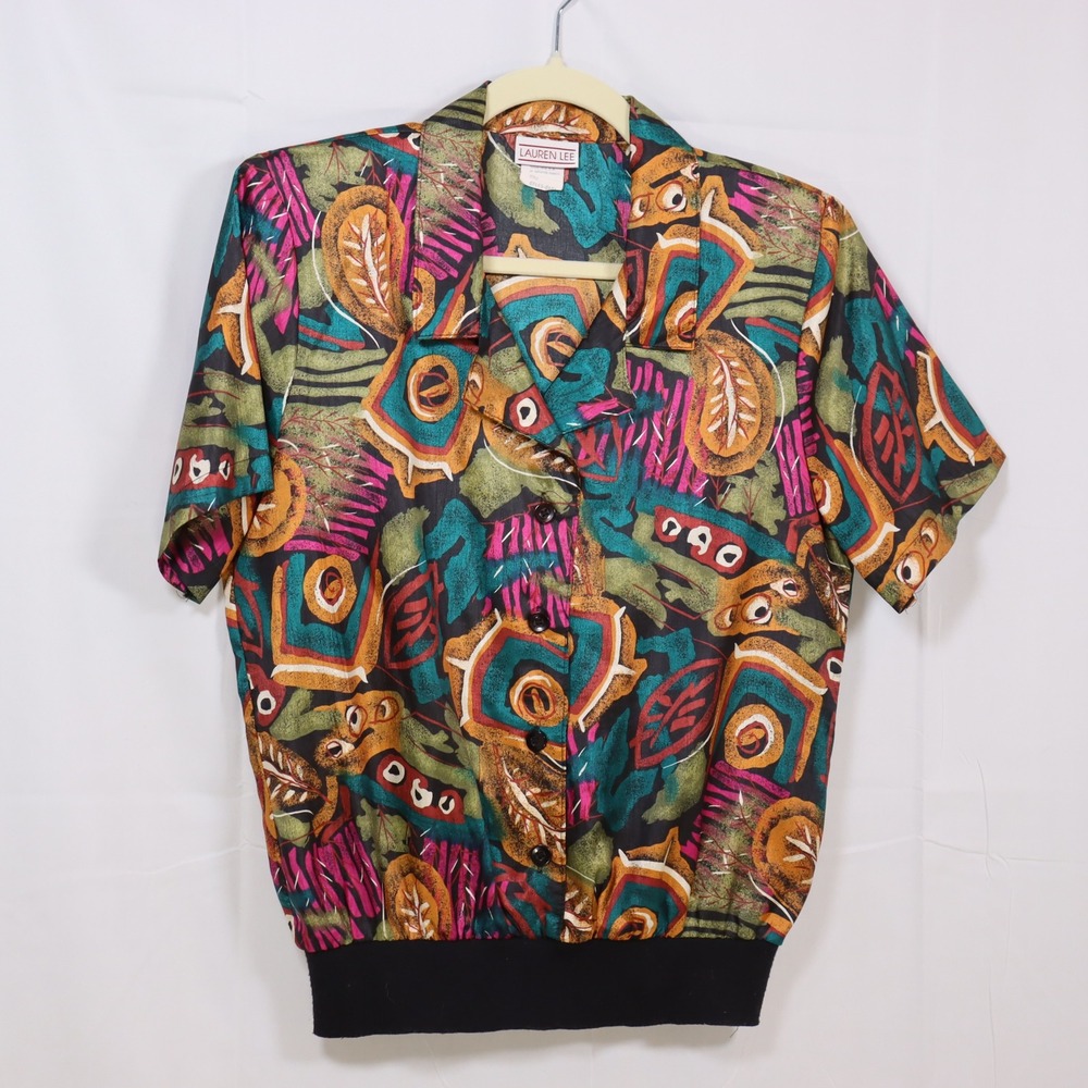Lauren Lee Abstract‎ Button Front Top 8 Multicolor Womens Vintage Blouse